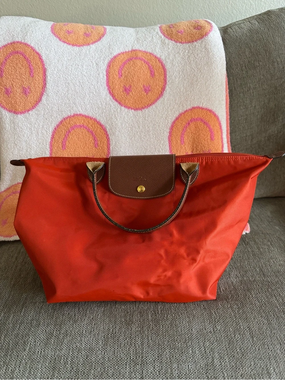 Longchamp Le Pliage Medium Short Handle Orange Nylon Tote